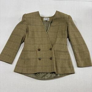 Le Suit Women's Double Breasted Blazer Jacket Size 14 Green Hounds tooth 80s VTG